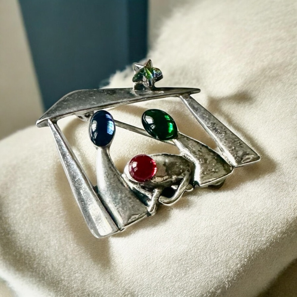 Silpada Christmas Brooch Sterling Silver Nativity Red Green Blue Cabachons 925